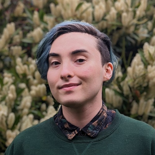 A headshot of a light-skinned transmasculine person in a button-down shirt, with brown hair dyed blue at the ends.